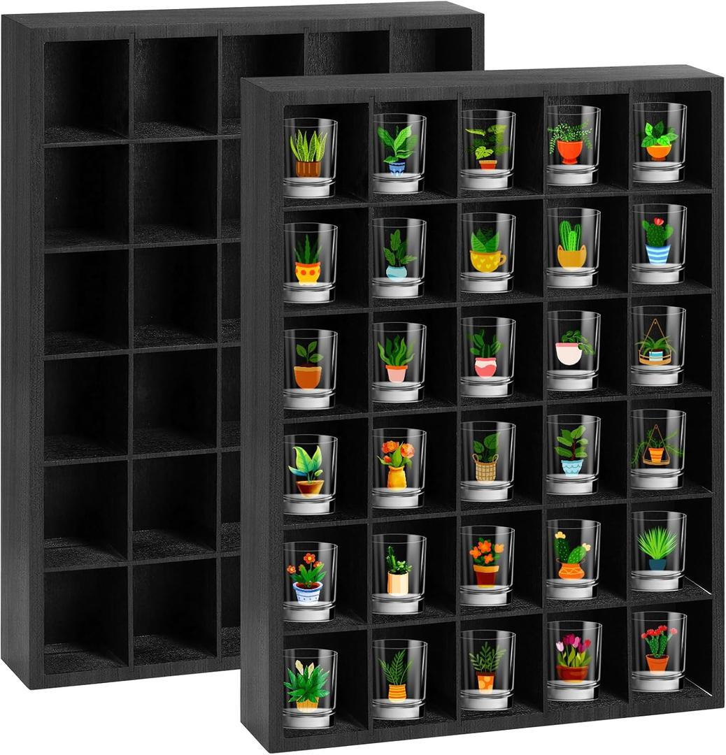 2 Pcs Shot Glass Display Case, Black Wooden Shot Glass Shelf with Removable Shelves, Wall Mounted Shadow Box Thimble Display Case, 30 Slots