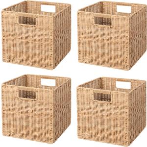 10.5 x 10.5 in Plastic Wicker Baskets for Cube Storage, Collapsible Square Wicker Storage Basket Set of 4, Rattan Storage Cube, Square Baskets for Shelves - Khaki