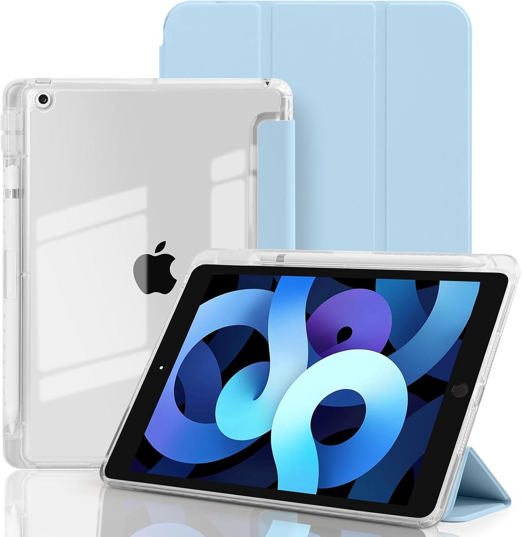 Case for iPad 9th/8th/7th Generation (2021/2020/2019), Hybrid Protective Cover for iPad 10.2 inch with Pencil Holder, Clear Transparent Back Shell Anti-Yellowing Case, Light Blue
