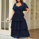 SCOMCHIC Women's Plus Size Formal Wedding Guest Evening Party Dress Short Sleeve Pleated Tiered Chiffon Bridesmaid Dresses (Blue, XXL)