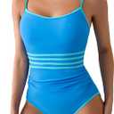 Eomenie Women's One Piece Swimsuit Tummy Control Bathing Suit Spaghetti Strap Color Block Swim Suit 1 Piece Slim Swimwear (Blue) S 