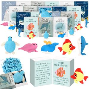 50 Sets Desk Pets Bulk Animal Erasers Emotional Support Desk Pets Positive Affirmation Puzzle Pencil Eraser Toys Pocket Hugs Tokens Gifts Box Raffia for Appreciation Prizes Rewards (Ocean)
