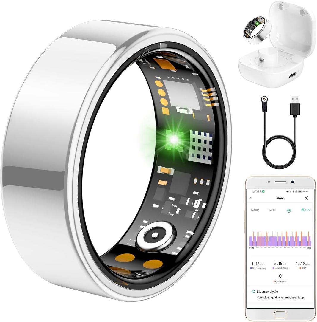 Ring Health Tracker for Women Men, Fit Ring with Heart Rate, Blood Oxygen, Sleep Monitor, Calories, Step Counter, IP68 Waterproof Smart Ring for iPhone & Android, No Subscription Fee (Silver, 6#)
