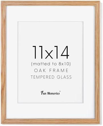 Fun Memories 11x14 Picture Frame, Solid Oak Wood 11 x 14 Photo Frames for Wall, 11 by 14 Frames with Tempered Real Glass, 11x14 Picture Frame with Mat for 8x10, Wooden Wall Gallery 11 x 14 Frame Set of 2 pack
