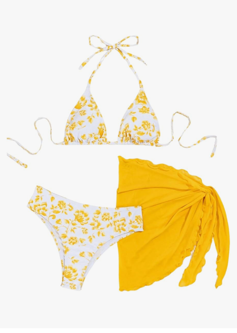 SHENHE Women's 3 Piece Floral Bikini Set with Wrap Coverup Halter Triangle Swimsuits L