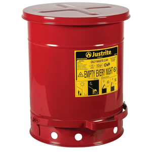 Justrite 10 Gallon Galvanized Steel Oily Waste Can, 18" x 14" Metal Oil Rag Safety Can With Foot Operated Self-Closing Lid for Oil Rag Disposal, Made in the USA, Red, 09300