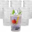 Vintage Glassware Drinking Glasses Set of 6,13 oz Clear Textured Flower Design Glass Water TumblersEmbossed Striped Drinkware for Water,Cocktails,Juice,Iced Coffee