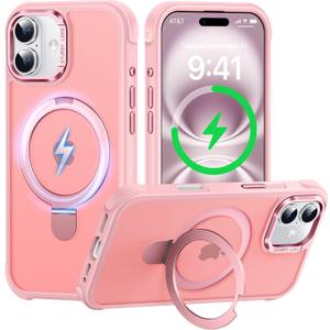 Case for iPhone 16, with Invisible Magnetic Stand, Mil-Grade Drop Protection, Non-Slip, Anti Fingerprint Anti Scratch, Shockproof Matte Phone Case (Pink)
