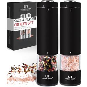 Electric Salt and Pepper Grinder Set - Battery Operated Stainless Steel Mill with Light (2 Black Mills) - Automatic One Handed Operation - Electronic Adjustable Shakers - Ceramic Grinders