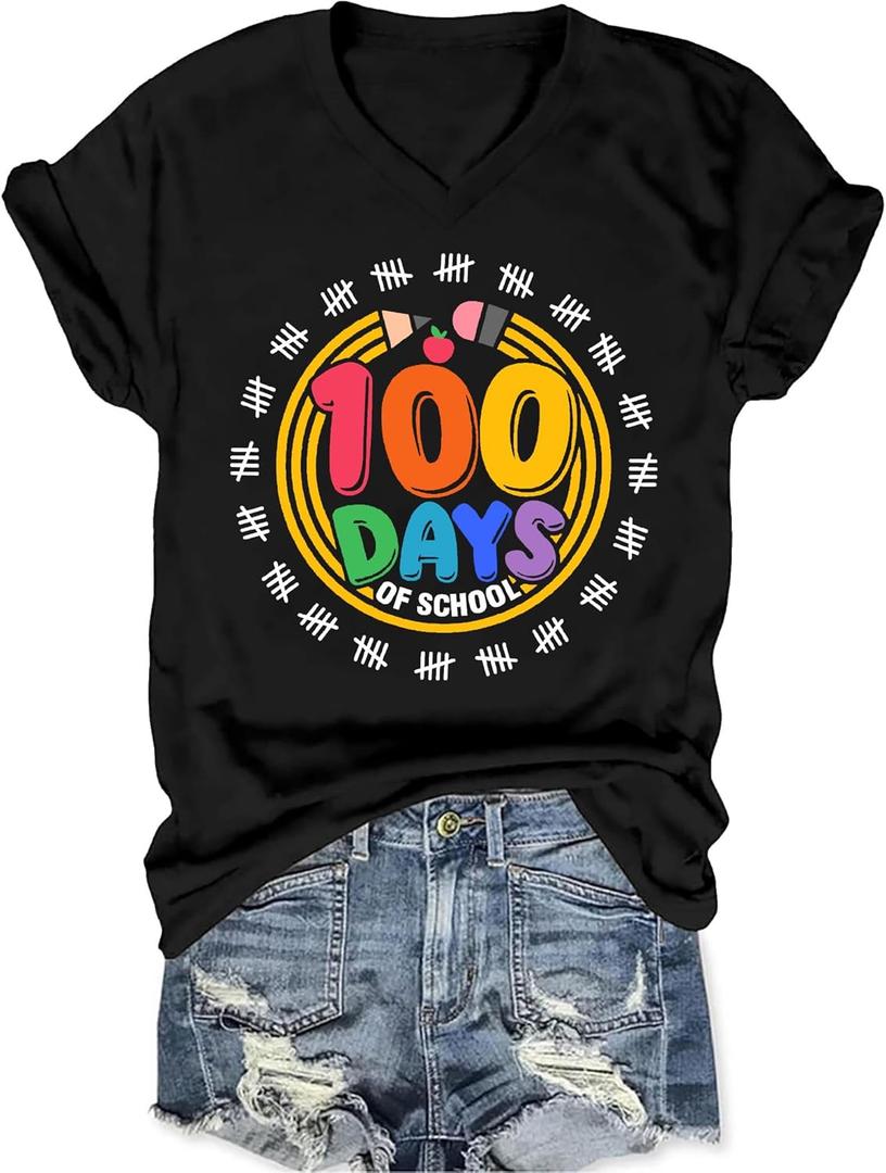 100 Days of School Shirt Teacher Happy 100th Day of School Graphic T-Shirt Casual V Neck Short Sleeve Tee Tops (Black, S)