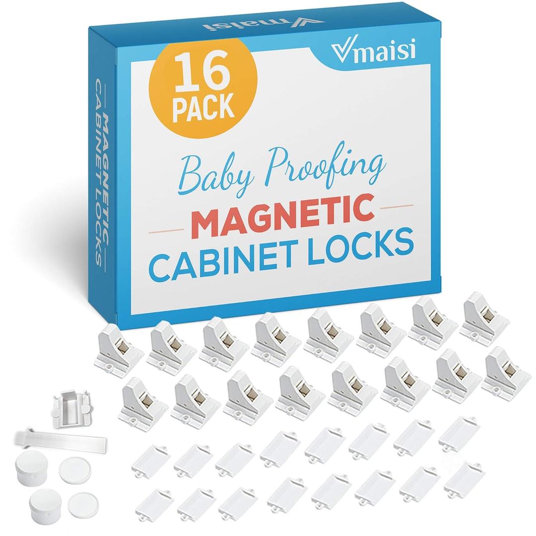 Vmaisi 16 Pack Child Safety Magnetic Cabinet Locks - Children Proof Cupboard Baby Locks Latches - Adhesive for Cabinets & Drawers and Screws Fixed for Protection