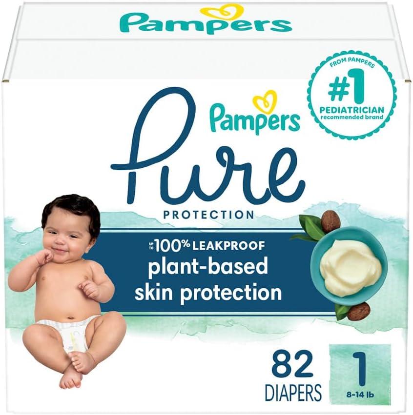 Pampers Baby Diapers - Pure Protection - Size 1, 82 Count, for up to 100% Leakproof, Premium Plant-based Skin Protection