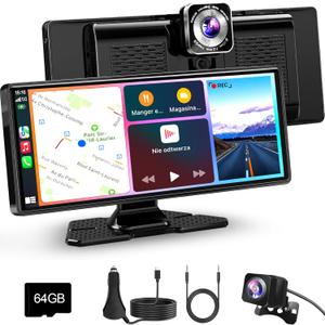 10.26 Carplay Screen for Car, HD IPS Wireless Portable Touch Screen with 64GB TF Card  Supports Apple Carplay & Android Auto, Mirror Link/4K Dash Cam/1080P Rear Camera/BT/FM/Voice Control
