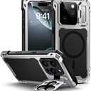 Lanhiem for iPhone 16 Pro Max Metal Case with Camera Cover & Stand [Compatible with MagSafe] [Built-in Kickstand] [Military-Grade Protection] Heavy Duty Rugged Magnetic Phone Case (Silver)