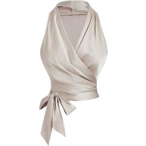 SOLY HUX Tank Top for Women Satin V Neck Wrap Tie Side Ruched Sleeveless Tops (Small, Pure Apricot)