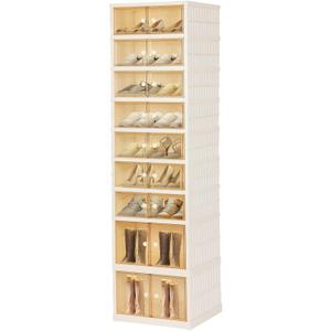 Foldable Shoe Organizer Storage Box, Portable Extra Large Folding Shoe Rack for Closet, Shoe Storage Box with Magnetic Transparent Door and Wheels, 9 Layers 18 Grids with 4 Big Grids