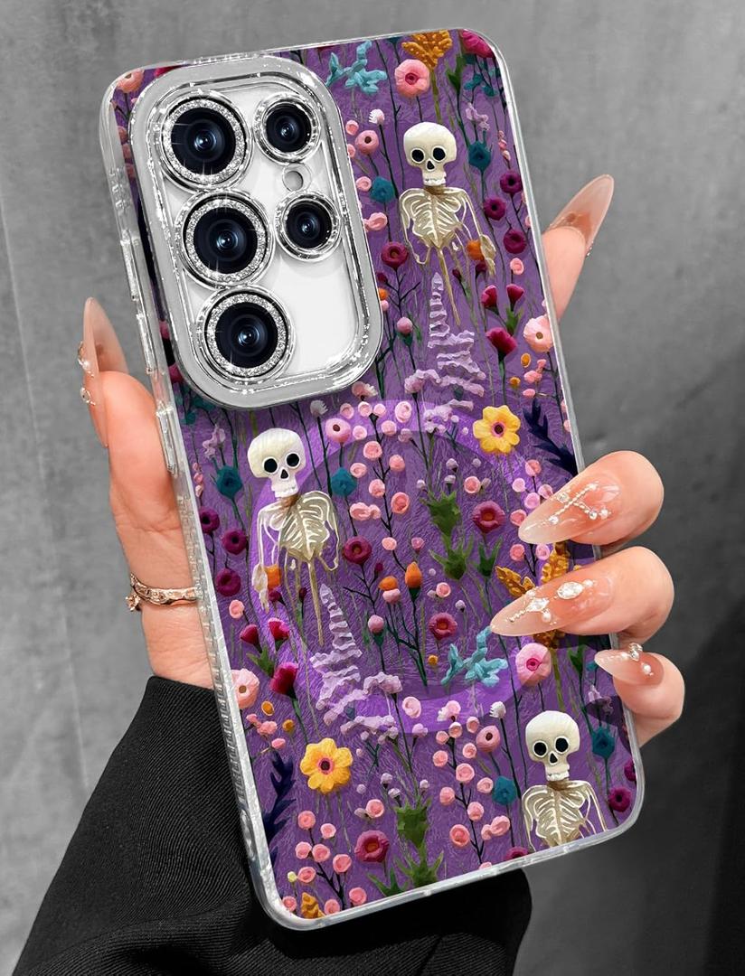 Toycamp for Samsung Galaxy S25 Ultra Case - Compatible with Magsafe Aesthetic Cute Holographic Galaxy S25 Ultra Case with Diamond Bling Lens Protector Cover for Women Girls, Skull Flower