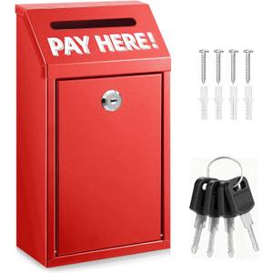 Cash Money Box with Slot – 10.2In Metal Donation Box with Lock for Cash Deposit,Wall Mounted Money Drop with Lock and Slot for Home/Farm/Office/Outdoors(Red)