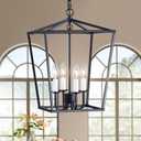 4-Light Chandelier, Farmhouse Black Chandelier for Kitchen Dining Room Light Fixture Lantern Pendant Ceiling Light, Rustic Chandelier with Metal Cage Hanging Lights for Living Room Bedroom Entryway (CL-025-black)