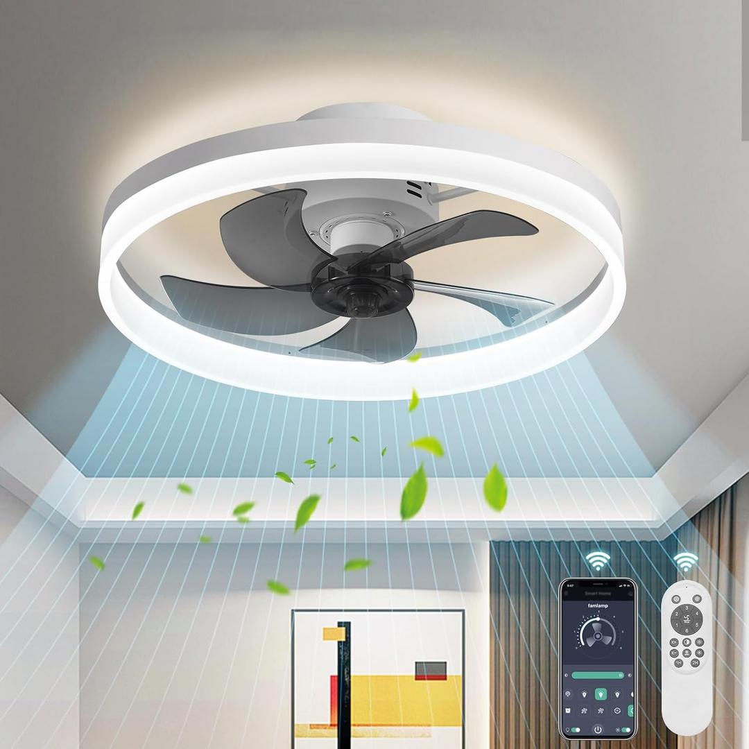 Low Profile Ceiling Fans with Lights,19.7" Flush Mount Ceiling Fan with Remote,Reversible,Noiseless,Dimmable,White Fandelier Chandelier Ceiling Fan for Bedroom.
