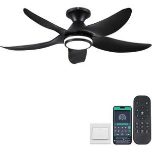 46 inch Ceiling Fans with Lights and Remote/APP Control, Modern Flush Mount Ceiling Fans with 5 Reversible Blades 6 Speeds, 3 Colors Dimmable+Ring Lights for Bedroom Dining Room, Black