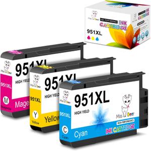 Miss Deer 951XL Color Ink Cartridges 3 Pack, Compatible Replacement Ink for Hp 950 951 Ink Cartridges Combo Pack, Work for Officejet Pro 8610 8600 8620 8625 8100 Printers