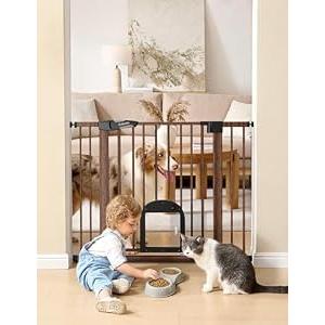 Babelio CatPrivilege Ⅲ Baby Gate with Cat Door, 29"-43" Adjustable Black Wood Pattern Pet Door, 30" Tall Pressure Mounted Safety Gate for Stairs & Doorways, Auto Close, Wall Protectors Included