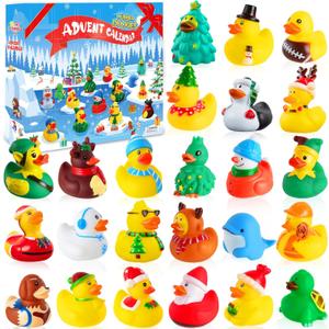 2025 Advent Calendar Christmas Ducks - 24pcs Rubber Duck Vacation Advent Calendar 24 Days of Christmas Countdown Toys Fun Duck Bath Toy for Xmas Party Favors Kids Toddlers Girls Boys (Yellow)