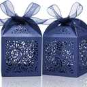 COTOPHER 100Pcs Laser Cut Favor Boxes, 2x2x2.75in Small Gift Boxes for Presents, Party Wedding Favors Boxes with Ribbon, Mini Candy Boxes for Event Bridal Shower Anniversary Birthday Christmas, Navy
