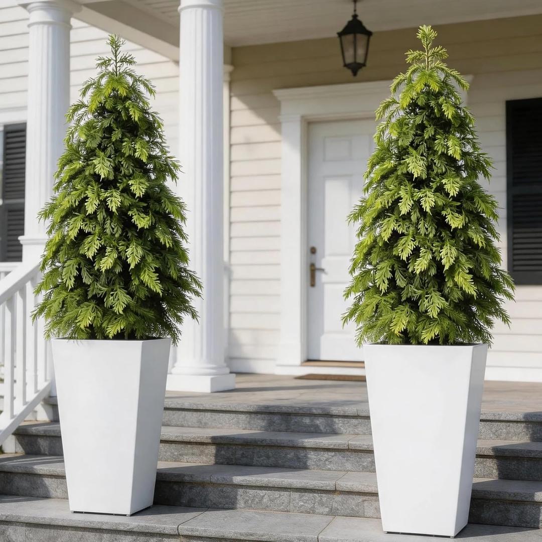2-Pack 4FT Potted Faux Outdoor Plants UV Resistant, Weatherproof Artificial Cedar Topiary Trees with Windproof Planter, Lighted Fake Trees for Front Porch Outside Home Decor Indoor