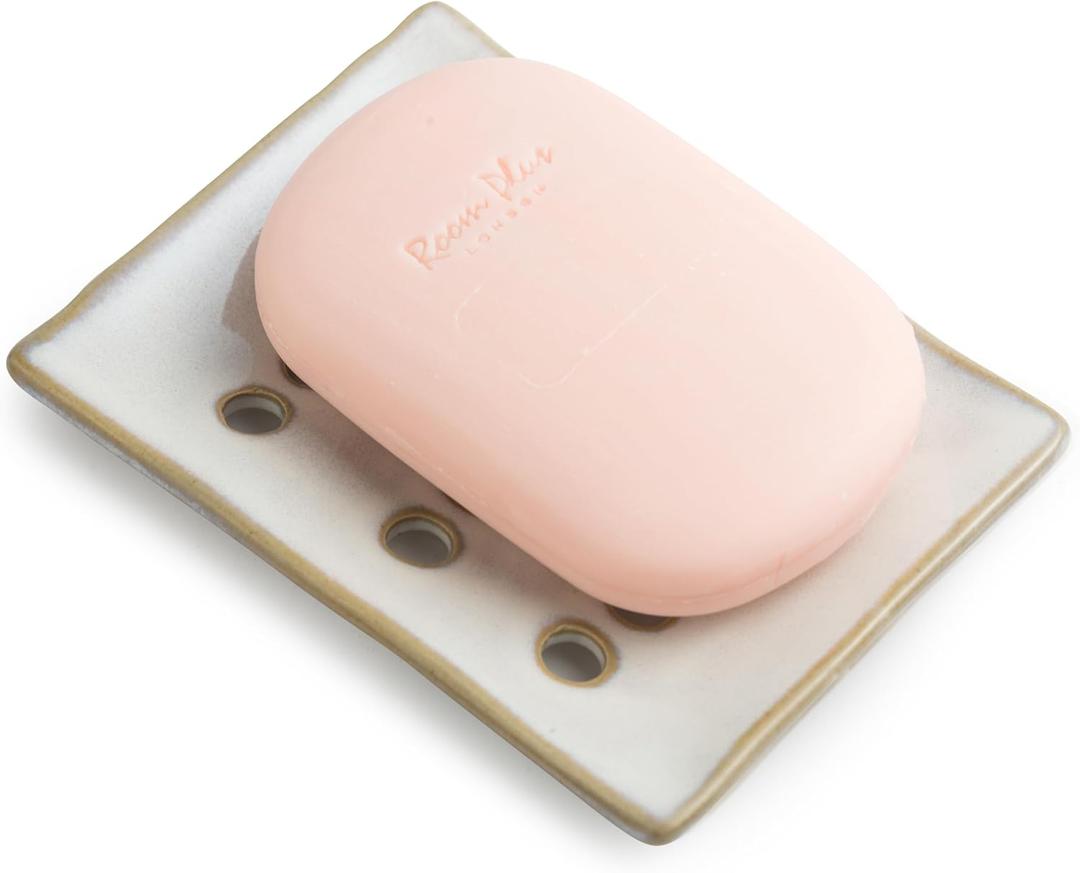 Soap Dish with Self Drain, Bar Soap Holder for Bathroom and Kitchen Sink, Rectangular Soap Dishes for Shower Ceramic Soap Saver, Japanese Soap Tray, White