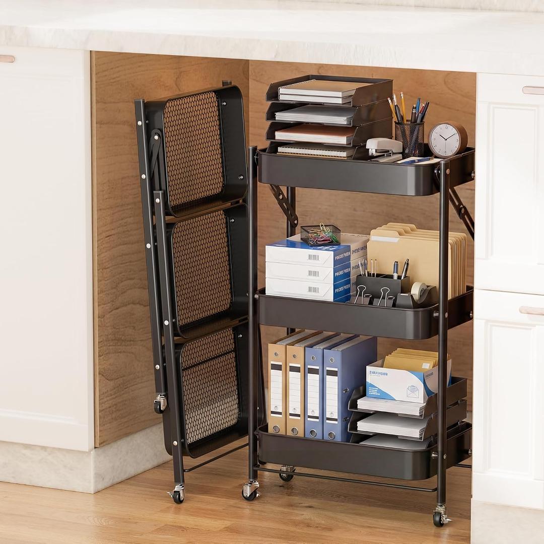 JAQ No Assembly Required Under Desk Rolling Cart, 3-Tier Foldable Metal Utility Cart, 26.8" Low Profile Storage Cart with Wheels, 10" Narrow Small Space Organizer, Black