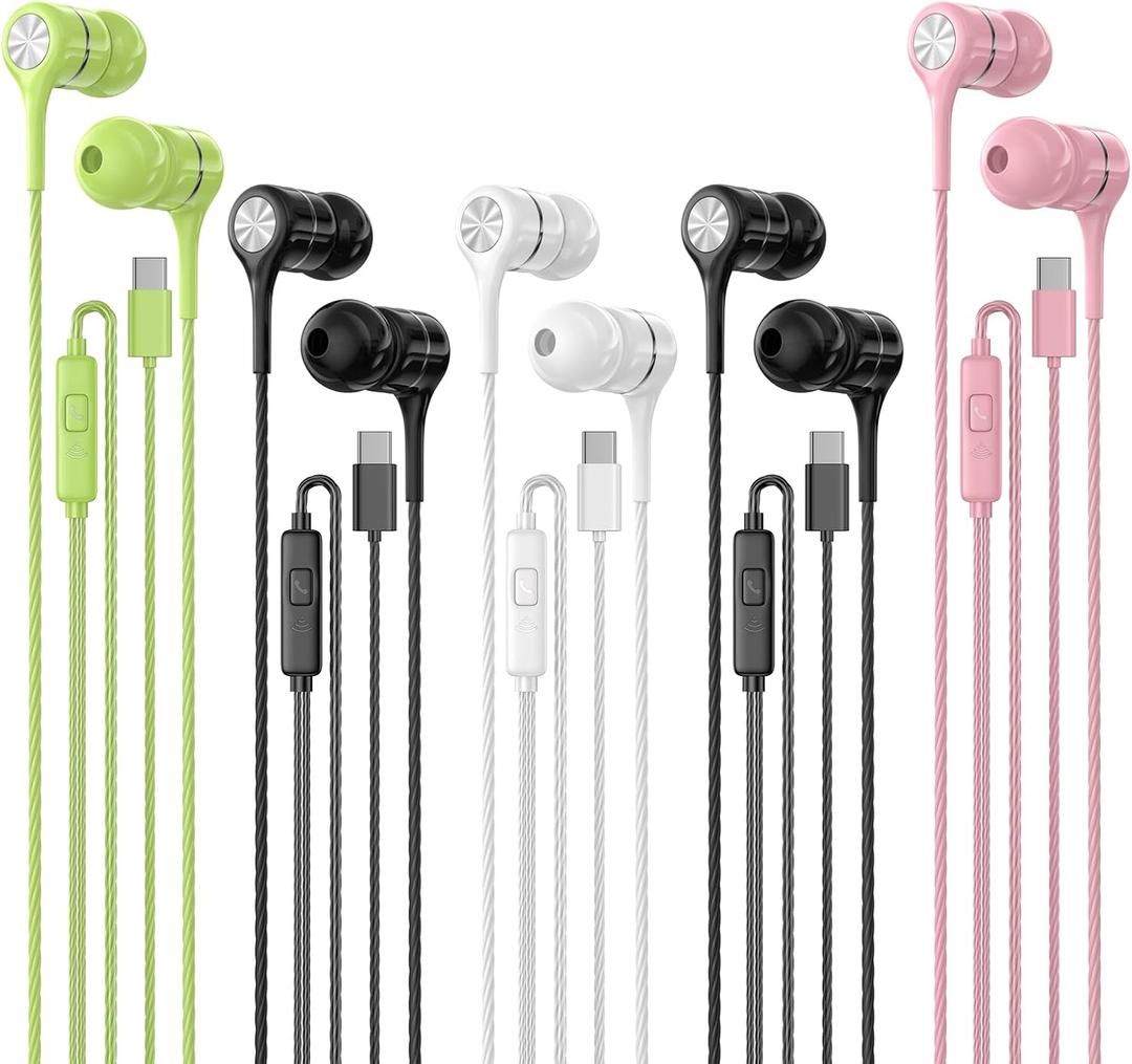 USB C Earbuds with Microphone 5 Pack, in-Ear Wired Headphones with Noise Isolating, Type C Earphone Heavy Bass Stereo Headsets Compatible with iPad, Android Smartphones, for Most USB-C Devices (Blue-Type C)