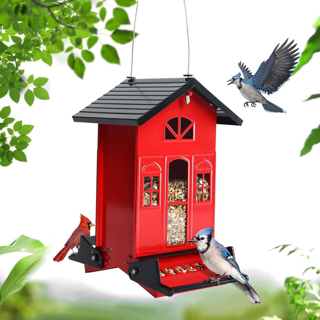 Bird Feeder Squirrel-Proof Outside: Country House Series for Hanging - Metal - 5LBs Seed - Weight-Activated for Outdoors - Large Capacity and Red