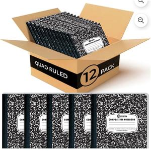 Rosmonde Graph Composition Notebooks 12 Pack, 200 Pages (100 Sheets), 4x4 Quad Ruled Grid, 9.75 x 7.5 in, Black Marble Hard Cover, Bulk Graph Notebooks for School & Math Use