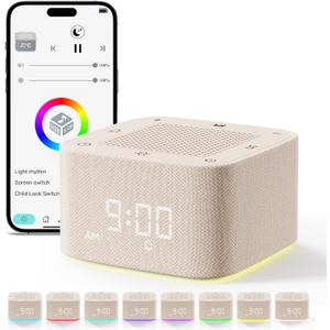 Sound Machine Alarm Clock, 32 Soothing Sounds, 8 Night Light, App Control White Noise Sound Machine with Dimmable Clock, Auto-Off Sleep Timer, Volume Control White Noise Machine for Baby, Kids, Adult