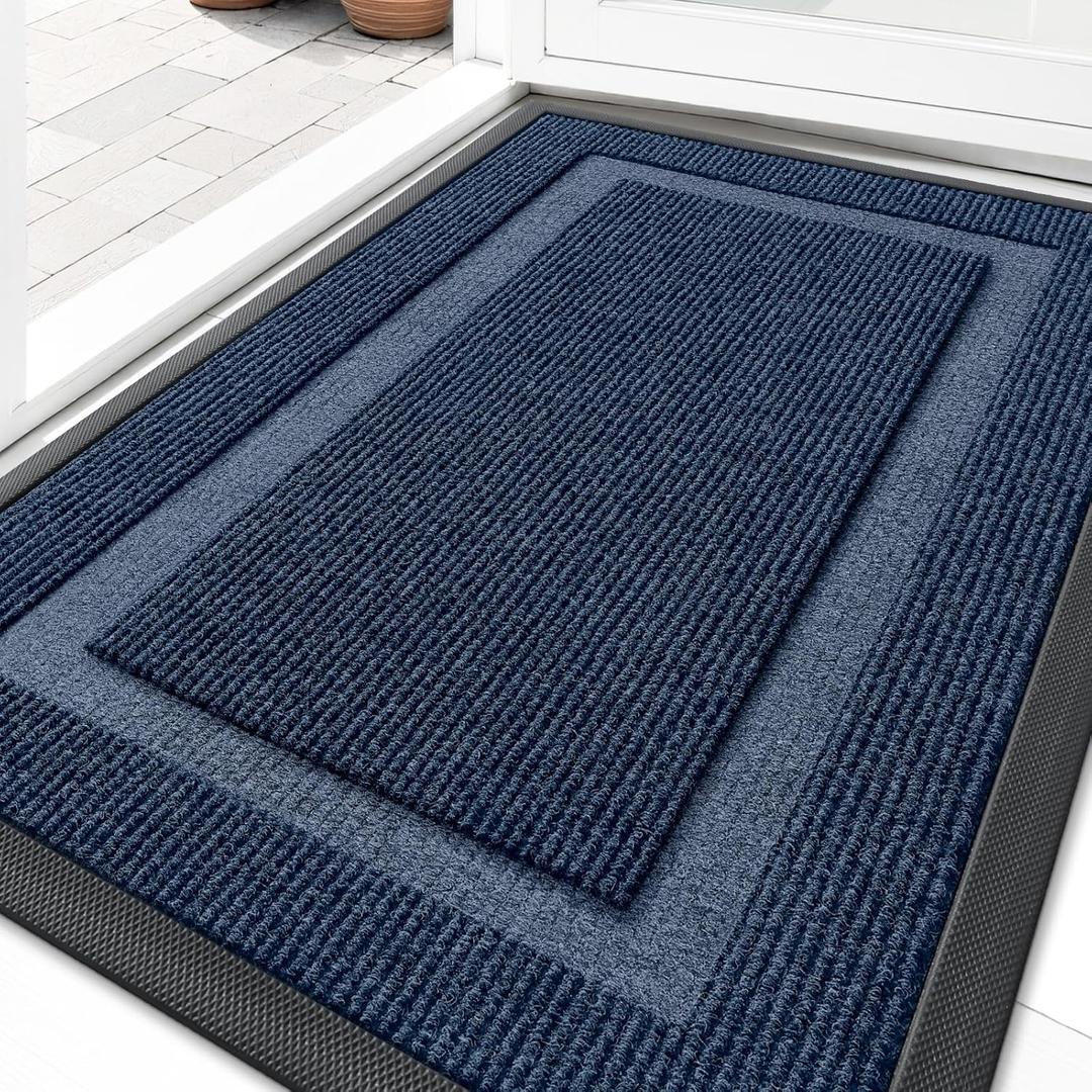 OLANLY Front Door Mat Indoor Outdoor Entrance, Waterproof All-Season, All-Weather Doormat, Sturdy Natural Rubber, Fade Resistant, Low Profile, Easy Clean Patio Porch Entryway Mat, 29.5x17, Blue