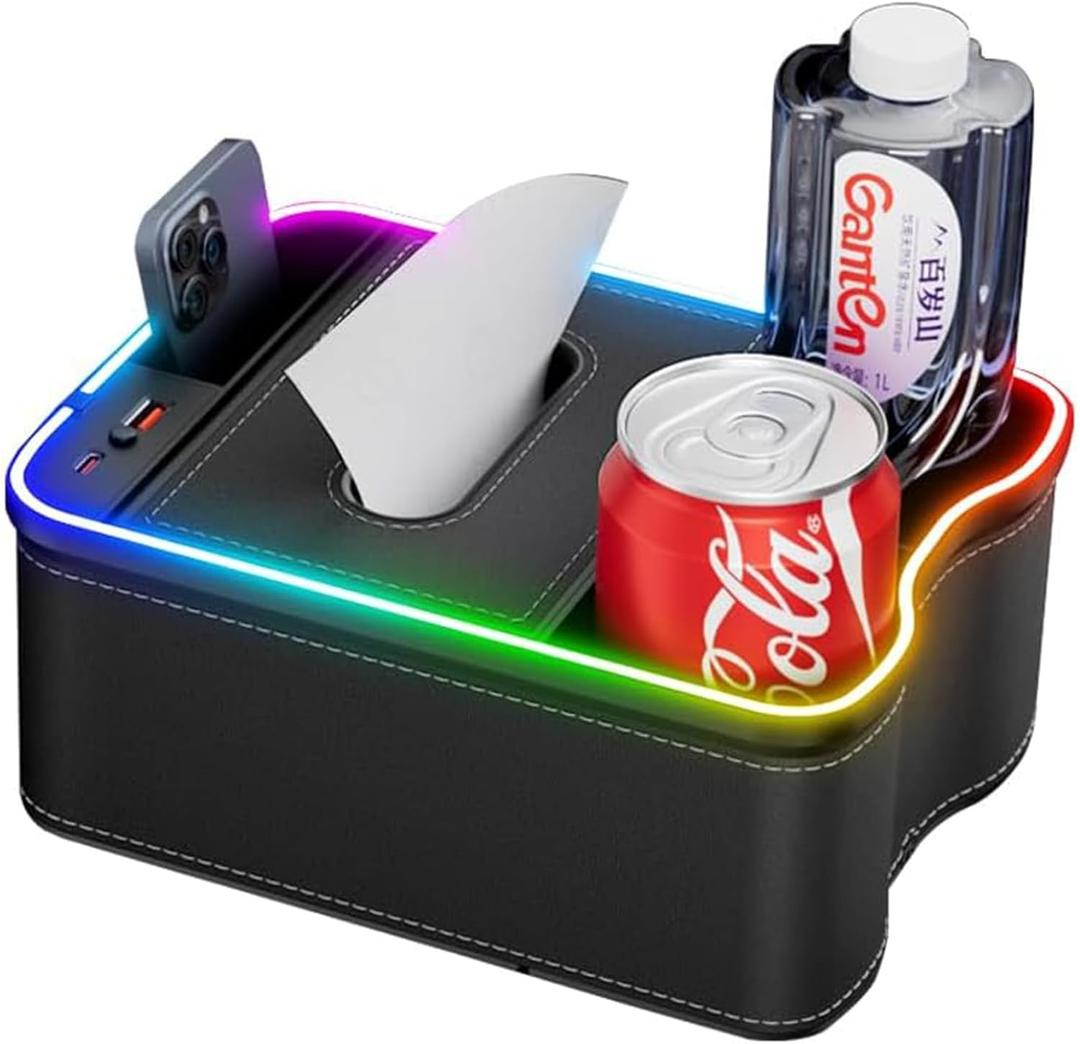 Car Armrest Storage Box With 2 Drink Cup Holders, 7 Colour LED Lights Car Console Organiser With USB + Type-C Charging Port, Universal Small Car Storage Organizer Front Seat