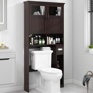 Over The Toilet Storage Cabinet, Storage Cabinet Over Toilet with Double Doors & Toilet Paper Holder Stand, Freestanding Toilet Shelf Space Saver with Anti-Tip Design & Adjustable Shelf, Espresso, W33.03'', 8.31"D x 33.03"W x 66.93"H
