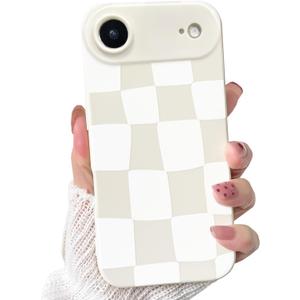 NITITOP Compatible for iPhone 17 Air Case Cute Aesthetic Checkerboard Larger Blocks Pattern for Women Girl Trendy Slim Fit TPU Silicone Shockproof Full Camera Protection Cover - White