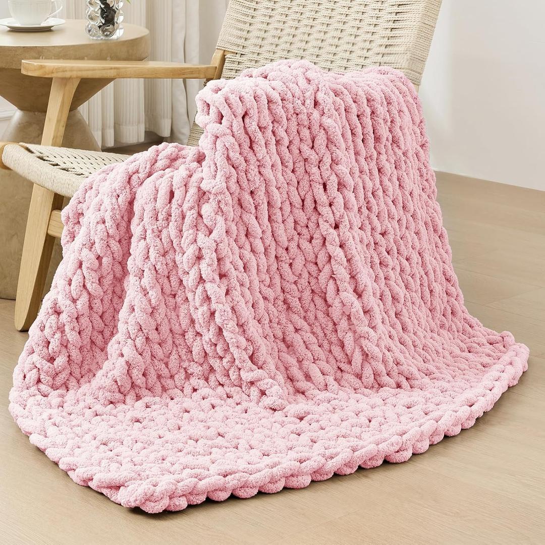 Bigacogo Chunky Knit Throw Blanket for Couch, 40x40 inches, 100% Hand Knitted with Thick Jumbo Chenille Yarn, Cozy Soft Large Rope Knot Cable Crochet Blankets for Sofa Bed Living Room, Blush Pink