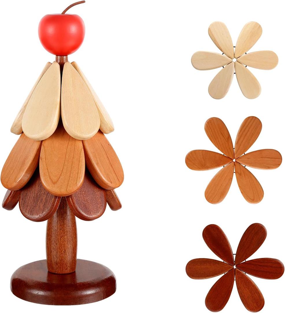 Natural Wooden Tree Trivets for Hot Dishes, Wood Christmas Tree Coaster Set of 3, Tree Shape Trivet, Table Decor Coaster for Home and Restaurant (Apple)