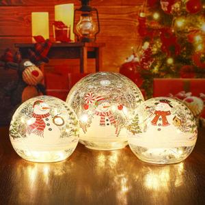 Soulchen 3 Pcs Christmas Decorations Indoor Snowman Globe Crackle Glass Ball Lamp with LED Lights Tabletop Xmas Decor Christmas Table Decorations for Home Fireplace Mantel