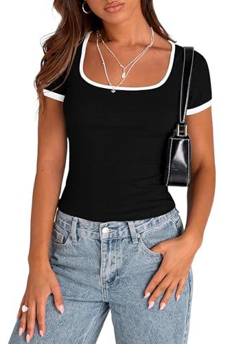 PRETTYGARDEN Women's Summer Short Sleeve T Shirts Ribbed Knit Square Neck Color Block Slim Fit Basic Casual Crop Tops Blouses (Black,M)