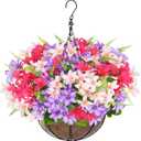 Artificial Faux Hanging Plants Flowers Basket for Outdoors Spring Summer Decoration, Hanging Planters with Fake Silk Hyacinth Flower UV Resistant for Outside Porch Patio Balcony Garden Purple Fuchsia