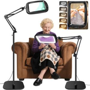 30X 10X Extra Large Floor Magnifying Glass with Light and Stand,7-inch Adjustable Height Floor Magnifying Lamp,2 in 1 Lighted Magnifiers for Close Work, Sewing, Crafts, Hobbies, Reading, Black