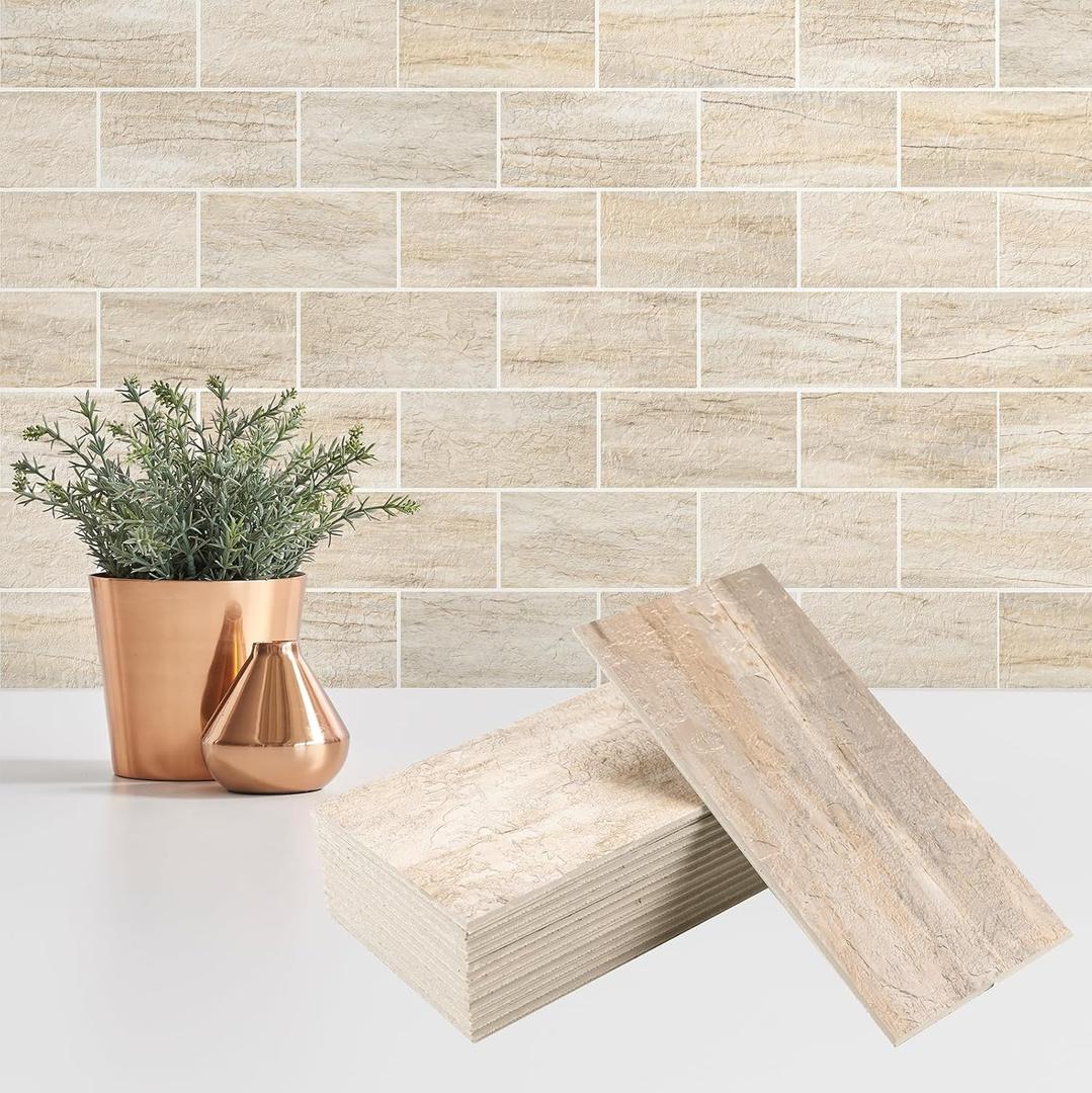 100 Pieces Peel and Stick Backsplash for Kitchen, 3" x 6" PVC Subway Tile Upgraded Grayish Beige with Gray Grout Backsplash Stick on Tile Elevate Kitchen, Bathroom, Fireplace,RV