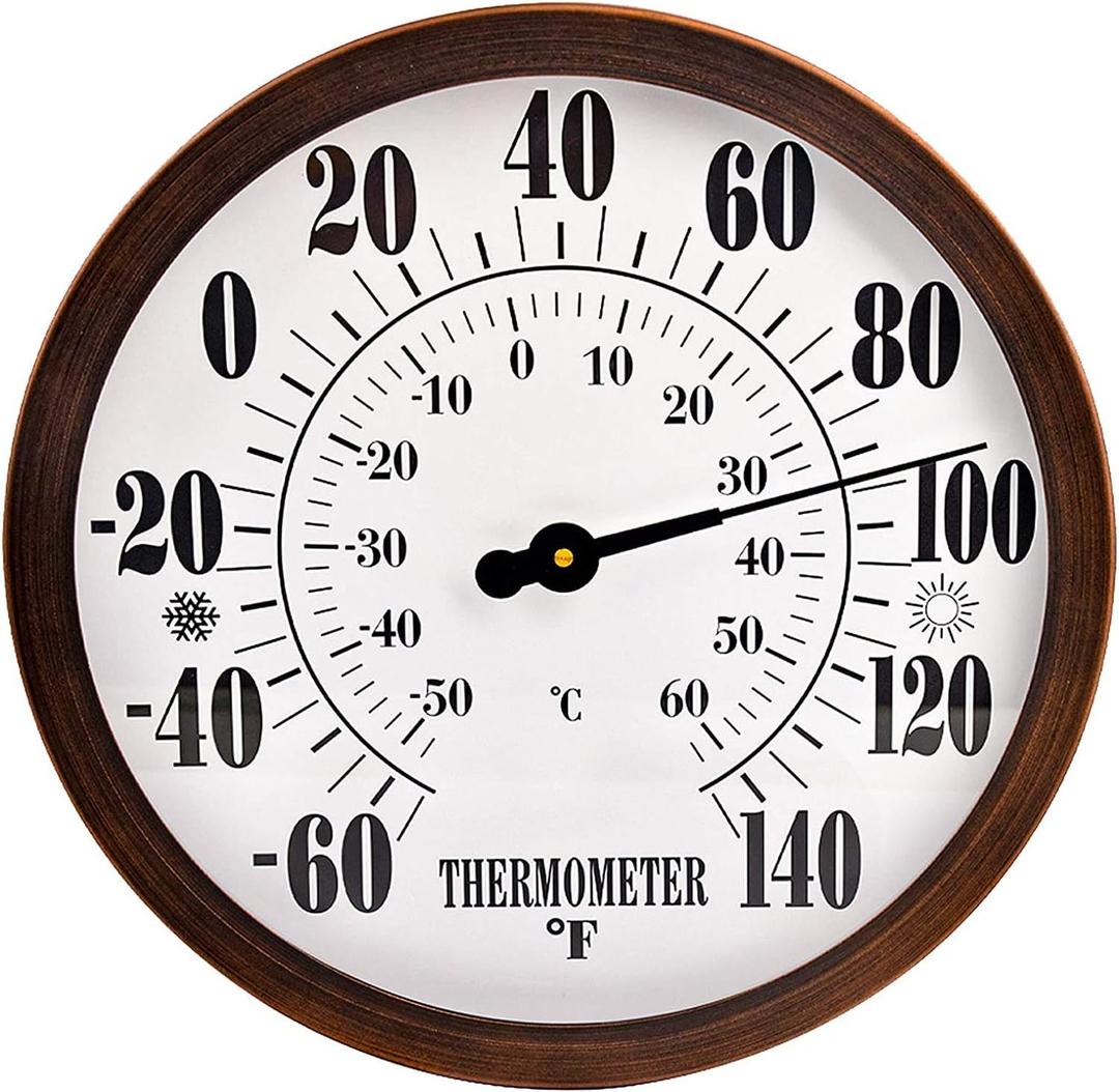 12" Indoor Outdoor Thermometer Decorative - Large Outdoor Thermometers for Patio, Round Wall Thermometer with Stainless Steel Enclosure, No Battery Needed Hanging Thermometer Outdoor (Bronze)