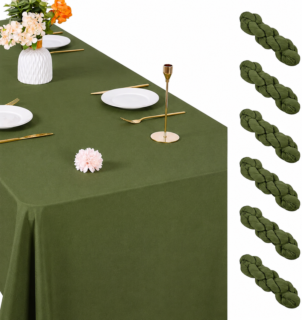 8 Pack Wedding Tablecloth and Cheesecloth Table Runner Set, 2 Olive Green Polyester Table Covers and 6 Green Cheesecloth for Wedding Reception Baby Shower Bridal Shower Party Event Decor