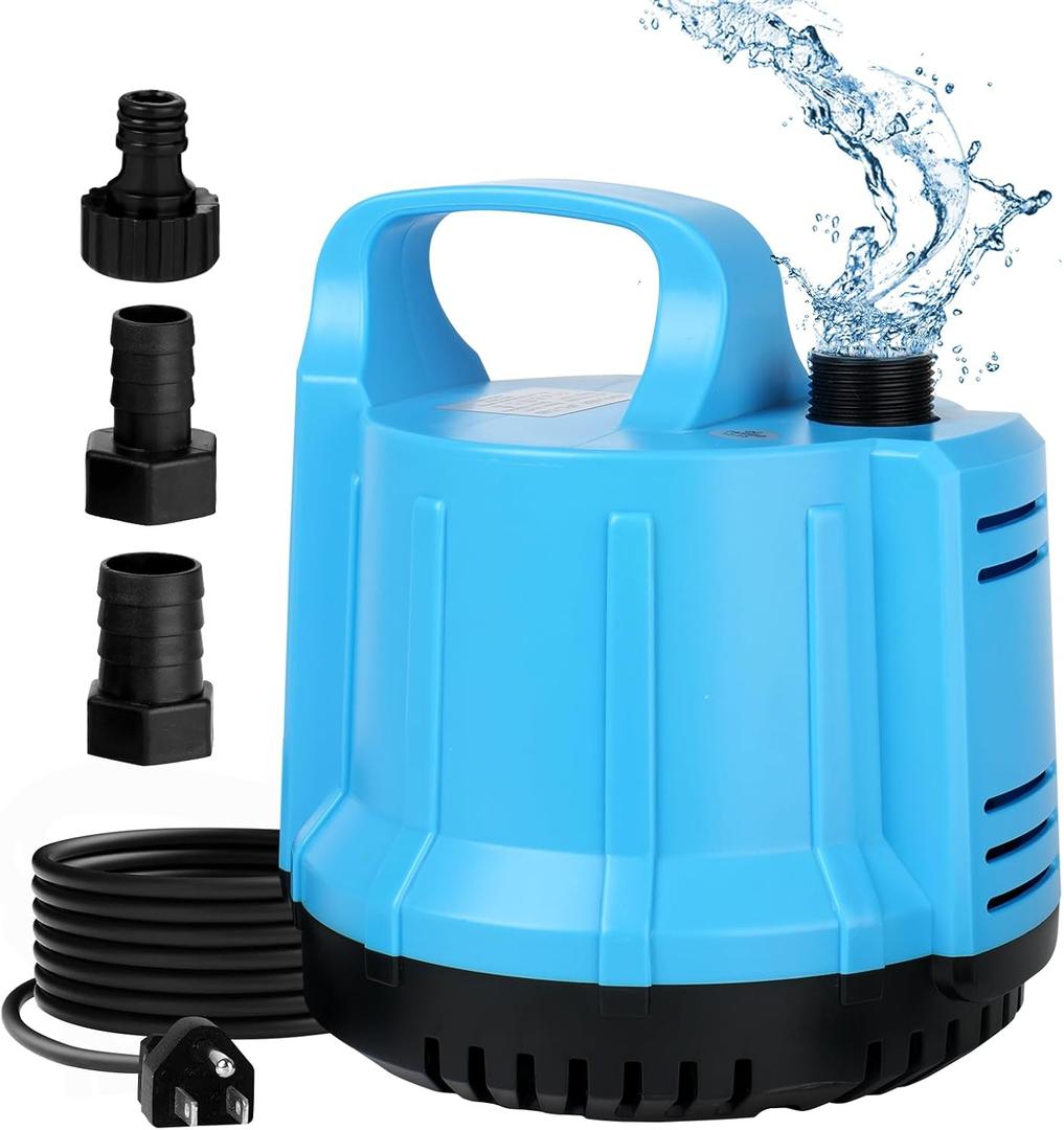 1200 GPH 115W Submersible Water Pump for Large 140-300 Gallon Fish Tank, Pond, Aquarium, Fountain, Pool Draining, Hydroponic System, Water Sump Pump 8.2ft Power Cord US 3-Plug, 3 Outlet Nozzles Blue